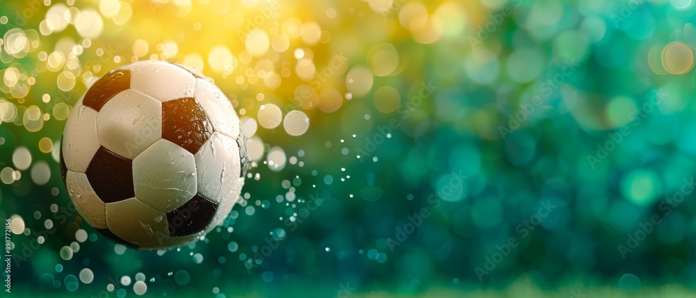 Fototapeta premium A soccer ball soaring through the air against a backdrop of blurred green grass and overlapping blues and yellows