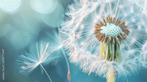 Delicate dandelion blowing seeds in the wind against a serene blue nature background, symbolizing freedom, hope, and growth. Intricate patterns create a dreamy scene of new beginnings.