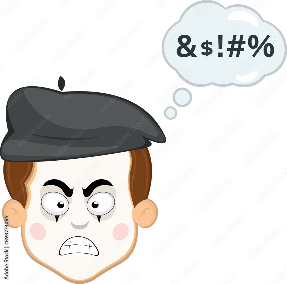 vector illustration face character of street artist mime cartoon, angry expression with a cloud thought and an insult text vector illustration face character of street artist mime cartoon, angry expression with a cloud thought and an insult text