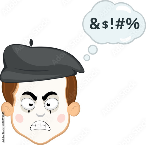 vector illustration face character of street artist mime cartoon, angry expression with a cloud thought and an insult text