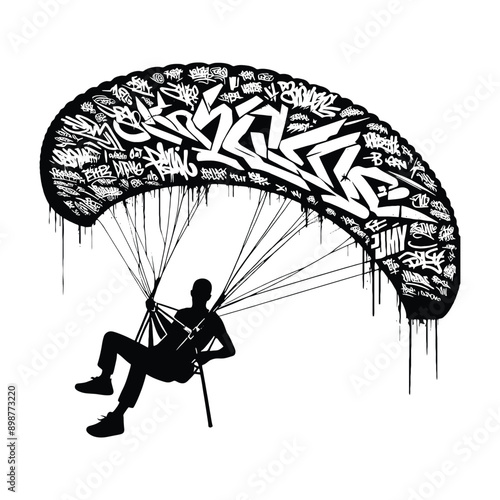 Hang Gliding  male player in graffiti tags, street art pattern illustration, emblem shield badge