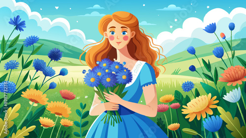 Woman holding bouquet of cornflowers stands in blooming meadow in summer