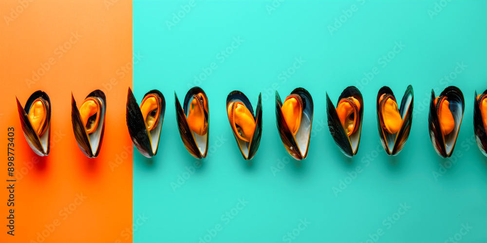 Open mussels on a vibrant orange and turquoise banner Open mussels on a vibrant orange and turquoise banner