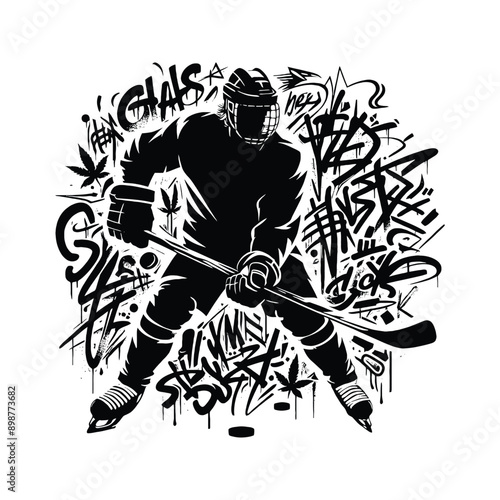 Hockey  male player in graffiti tags, street art pattern illustration, emblem shield badge
