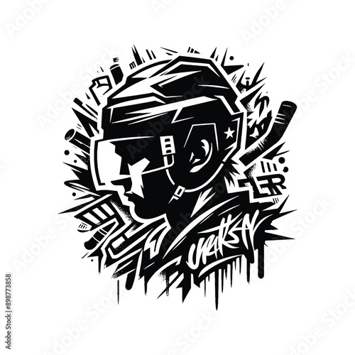 Hockey  male player in graffiti tags, street art pattern illustration, emblem shield badge