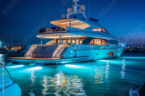A modern yacht illuminated at night in the harbor, symbolizing luxury, elegance, and maritime leisure.
