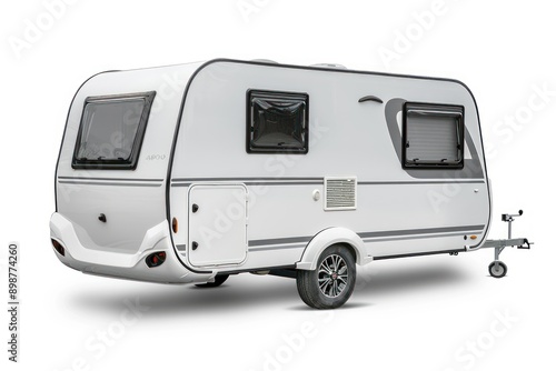 Caravan isolated over white background with clipping path. Full Depth of field. Focus stacking, side view