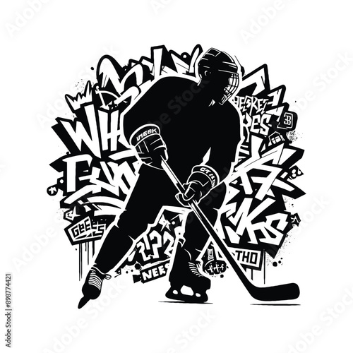 Hockey  male player in graffiti tags, street art pattern illustration, emblem shield badge