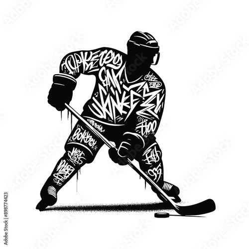 Hockey  male player in graffiti tags, street art pattern illustration, emblem shield badge