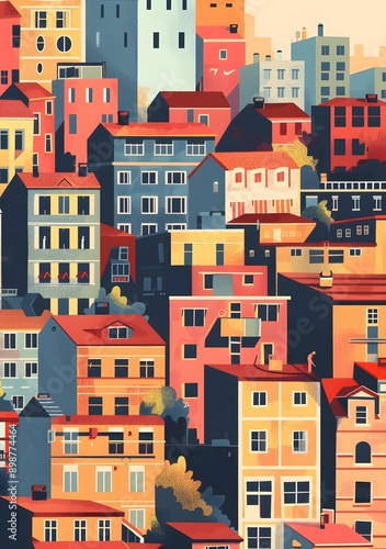 Colorful Illustration of European Cityscape with One Person