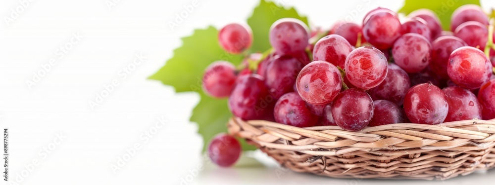A wicker basket, brimming with red grapes Green foliage crowns the top, while beneath, more grape leaves nestle at the base A wicker basket, brimming with red grapes Green foliage crowns the top, while beneath, more grape leaves nestle at the base