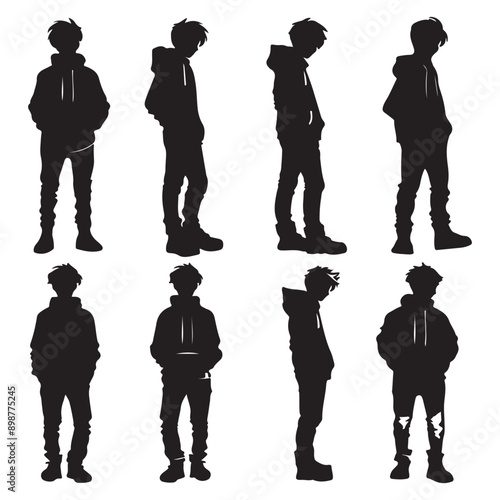Three silhouettes of figures of a man holding a mobile smartphone isolated on a white background.