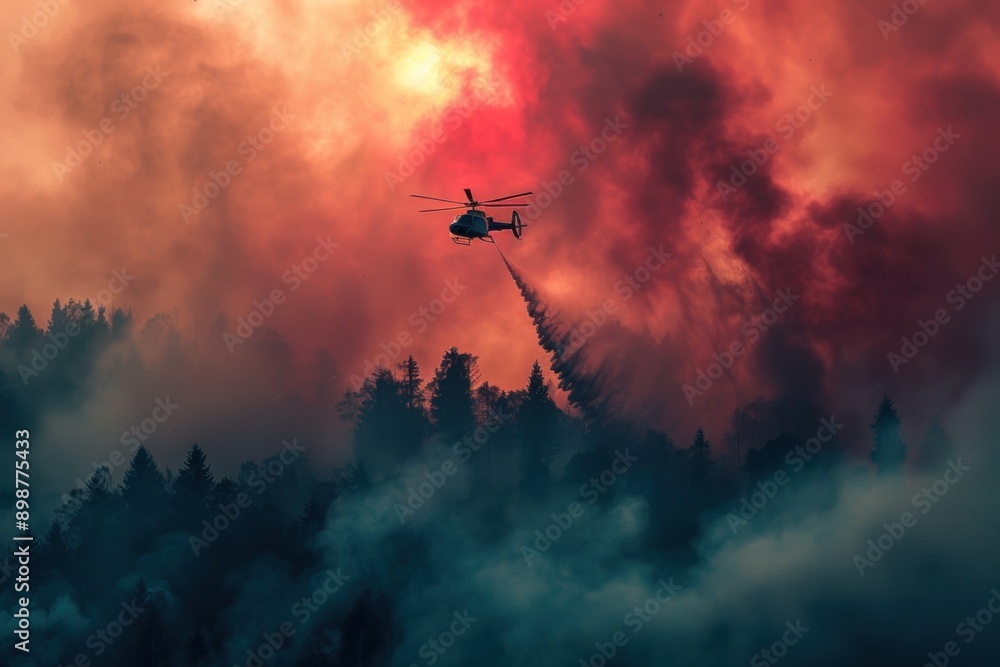 Close up helicopter flying over the smoke of forest in fire Close up helicopter flying over the smoke of forest in fire