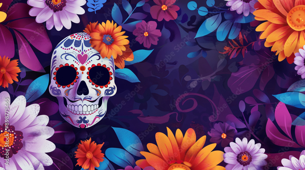 Illustration of a sugar skull surrounded by colorful flowers, creating a festive atmosphere for day of the dead Illustration of a sugar skull surrounded by colorful flowers, creating a festive atmosphere for day of the dead