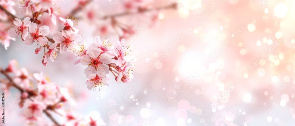 A tight shot of a cherry branch, adorned with pink blossoms in the near distance, and a softly focused background A tight shot of a cherry branch, adorned with pink blossoms in the near distance, and a softly focused background