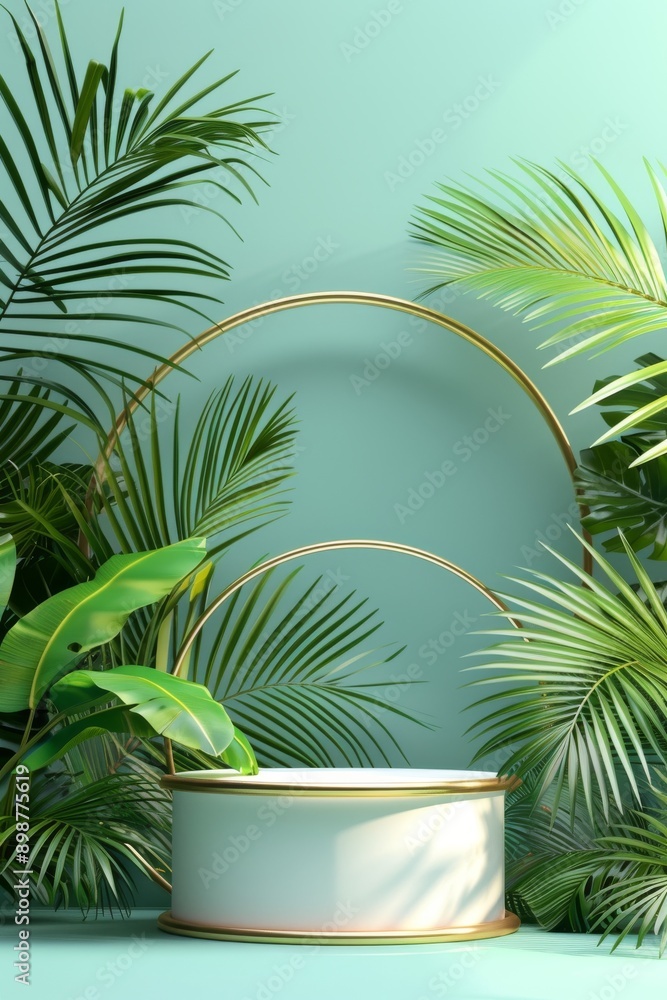 Obraz premium Elegant 3D podium with golden ring and tropical palm leaves in minimalistic green background