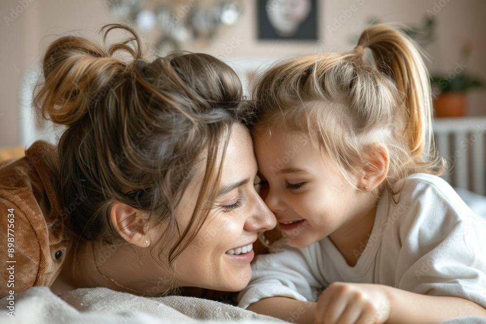 Close up joyful little daughter touch her loving mother face, lying together on bed, looking at each other Close up joyful little daughter touch her loving mother face, lying together on bed, looking at each other
