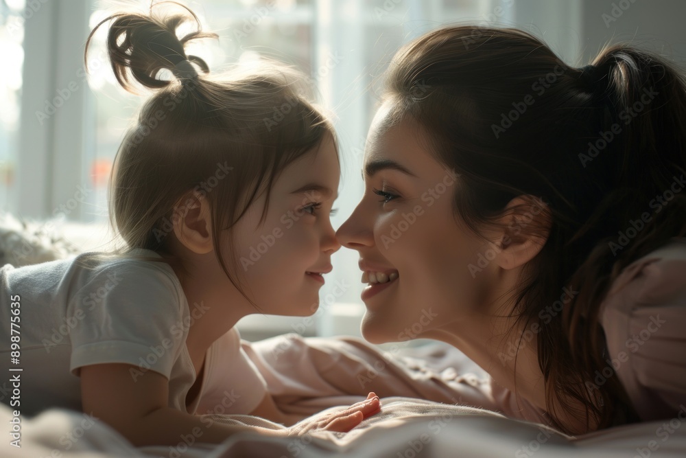 Close up joyful little daughter touch her loving mother face, lying together on bed, looking at each other Close up joyful little daughter touch her loving mother face, lying together on bed, looking at each other