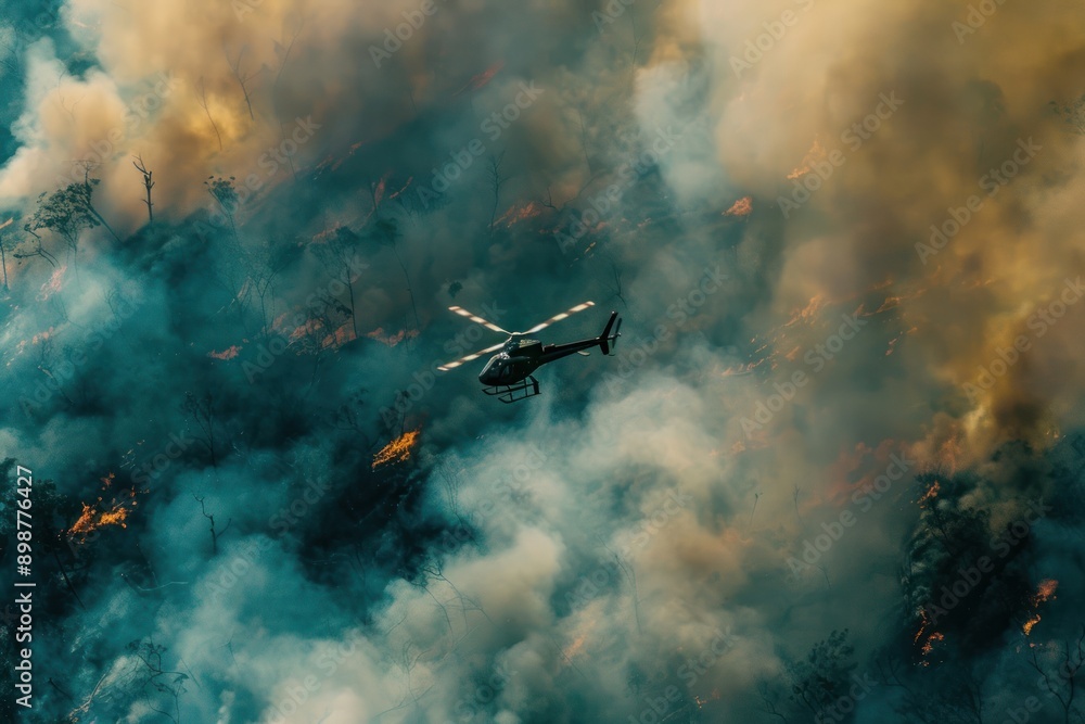 Close up top view helicopter flying over the smoke and fire forest Close up top view helicopter flying over the smoke and fire forest