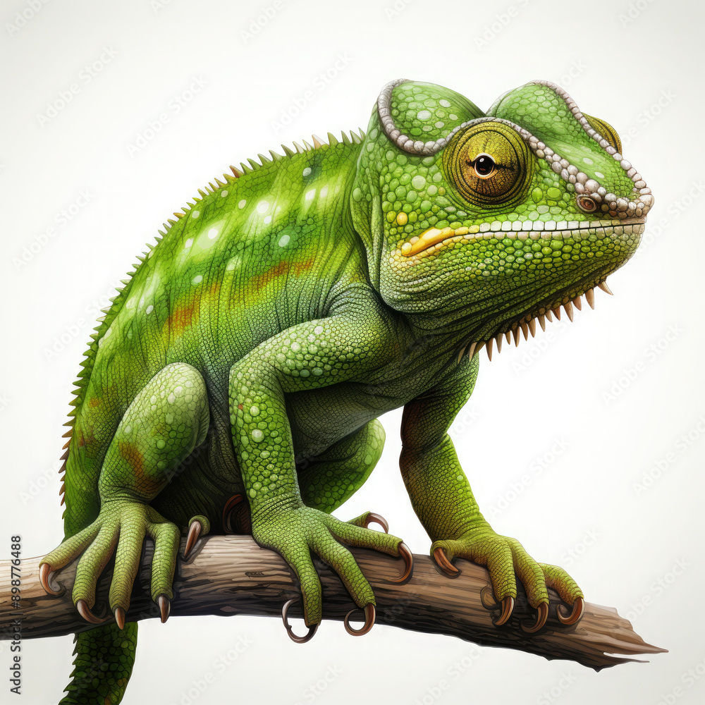 Obraz premium Watercolor Green color chameleon close up, clipart Illustration, Generative Ai