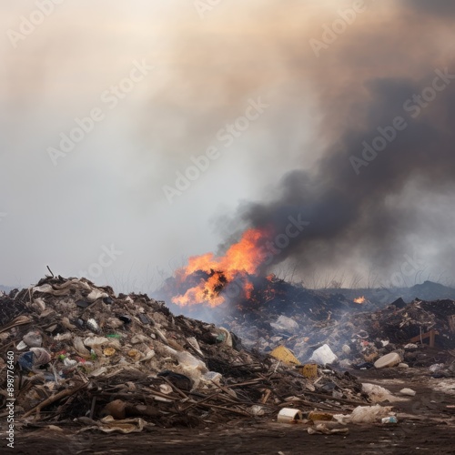 Dangerous burning of household waste in a garbage dump. Environmental pollution concept. Pile of garbage. Dump. Burning Garbage in the landfill. 