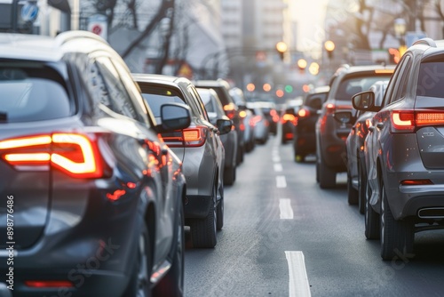 Close up traffic jam of cars on city access on rush hour