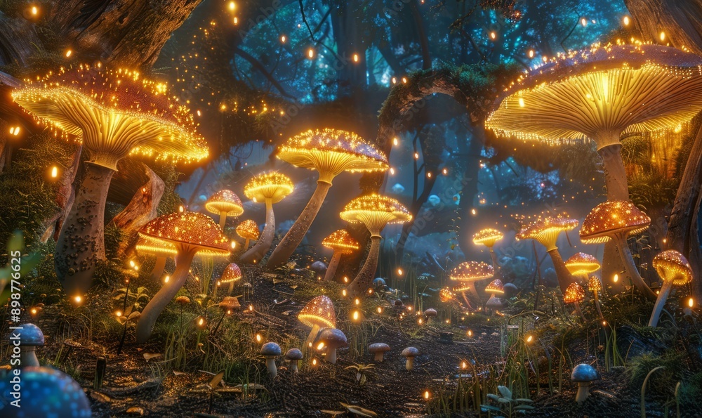 Fototapeta premium Mystical dreamscape with glowing mushrooms and enchanted forests, transporting viewers to a magical realm