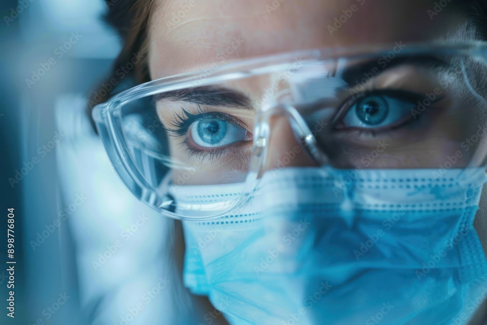 Close-up image of a woman researcher in a protective mask working in a laboratory of a research institute Close-up image of a woman researcher in a protective mask working in a laboratory of a research institute