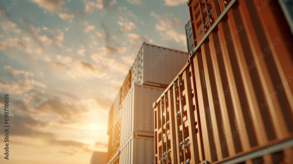 Stacked shipping containers, golden hour light, industrial scene, Watercolor style, with copy space, high-resolution photo, hyper realistic Stacked shipping containers, golden hour light, industrial scene, Watercolor style, with copy space, high-resolution photo, hyper realistic