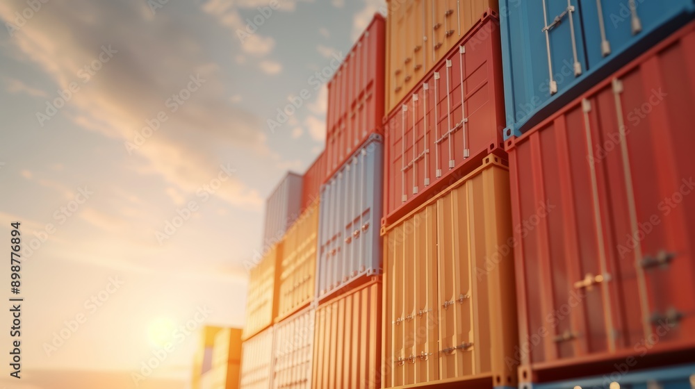 Fototapeta premium Stacked shipping containers, golden hour light, industrial scene, Watercolor style, with copy space, high-resolution photo, hyper realistic