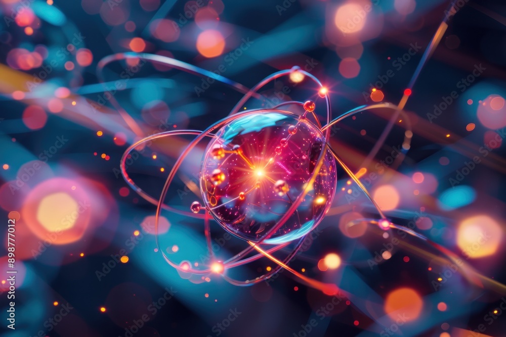 Close-up of a vibrant atomic model with glowing particles, representing scientific concepts and dynamic energy Close-up of a vibrant atomic model with glowing particles, representing scientific concepts and dynamic energy