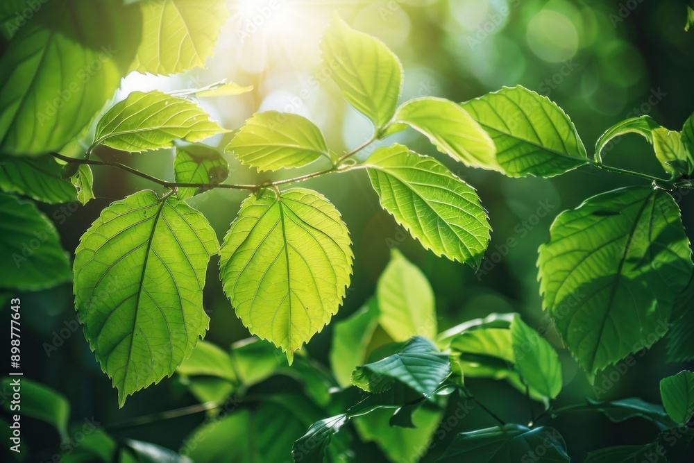 Close-up of vibrant green leaves with sunlight filtering through, highlighting the freshness and natural beauty Close-up of vibrant green leaves with sunlight filtering through, highlighting the freshness and natural beauty