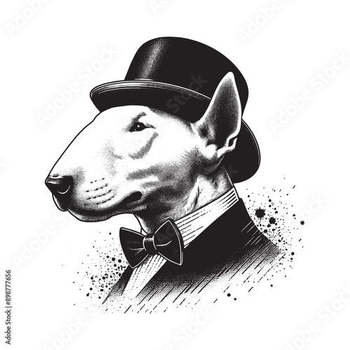 Bull terrier dog gentleman. head portrait. In a bowler hat and suit. Black vector illustration. Abstraction, tattoo sketch, print	