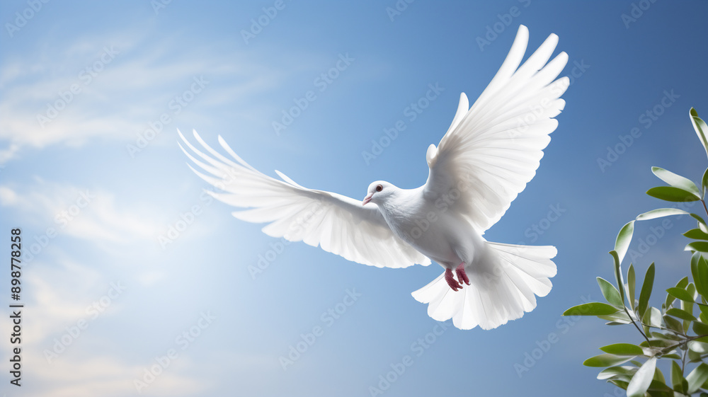 A single white dove flying in the air carrying a olive leaf branch on a blue sky background - peace and freedom concept A single white dove flying in the air carrying a olive leaf branch on a blue sky background - peace and freedom concept