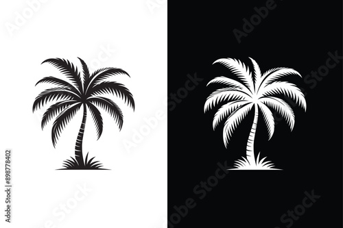 Black palm tree isolated on white background. Palm icon silhouettes. Design of palm tree