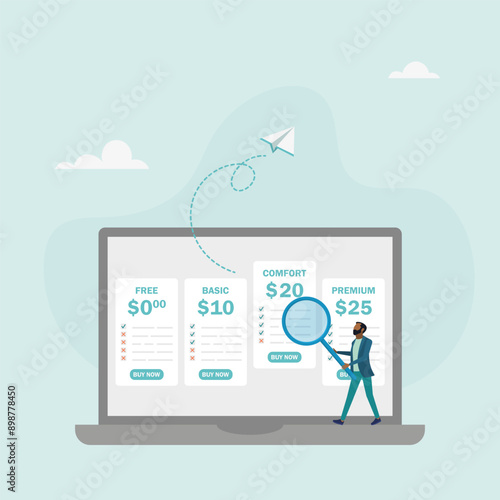 Tariff plan options for online services. Business pricing table. The character chooses a plan type. Vector illustration.	