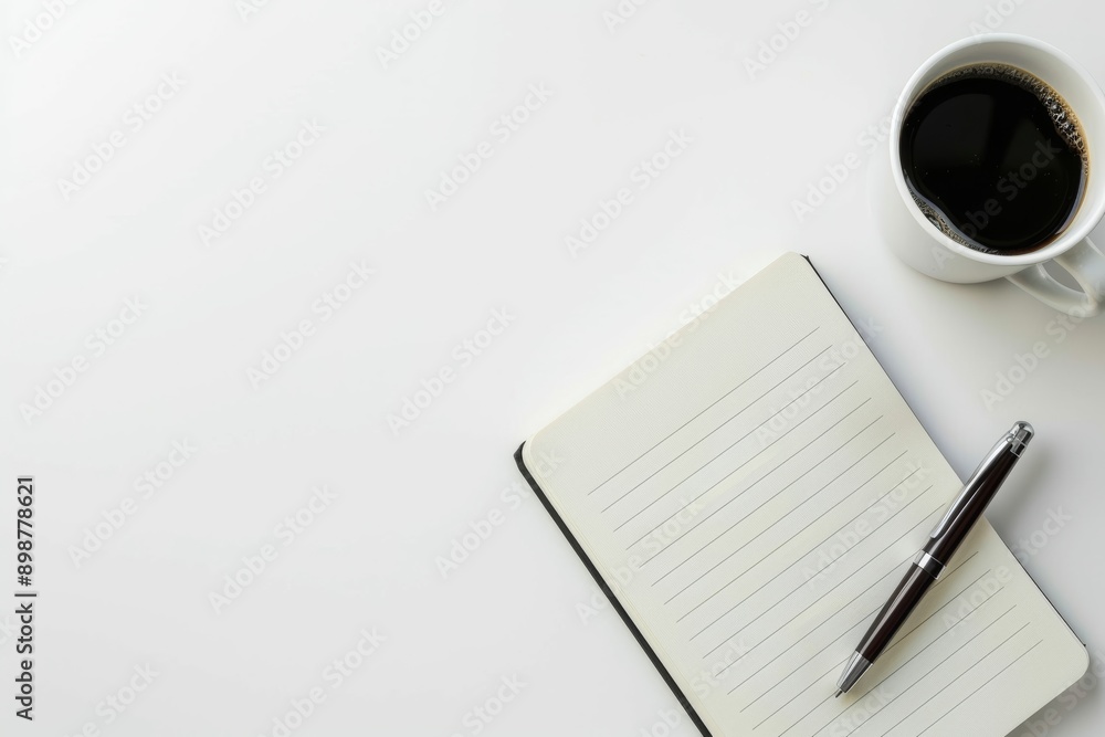 Clean desk arrangement featuring empty notepad, pen, and aromatic coffee Clean desk arrangement featuring empty notepad, pen, and aromatic coffee