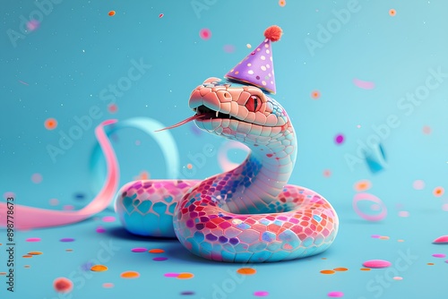  3d ultra realistic epic render of snake with party hat and confetti on blue background, colorful, pink colors