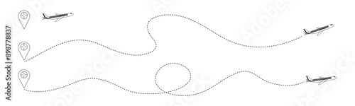 Airplane path.with location pin icon Isolated flat icon symbol. Vector illustration.