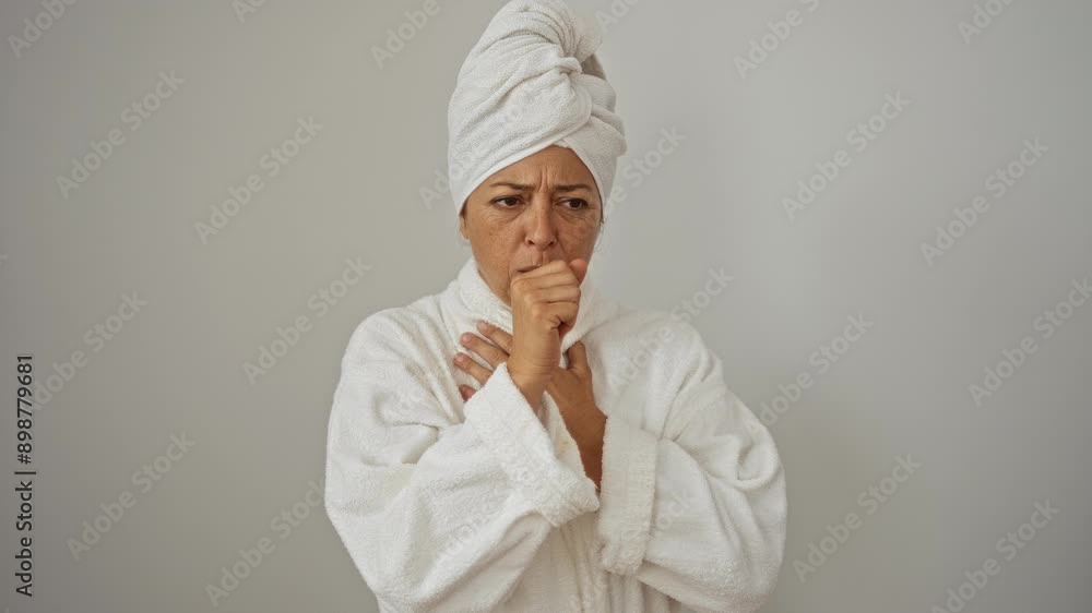 Coughing middle age woman in bathrobe and towel feeling unwell due to cold and bronchitis over isolated white background - health care and wellness concept Coughing middle age woman in bathrobe and towel feeling unwell due to cold and bronchitis over isolated white background - health care and wellness concept