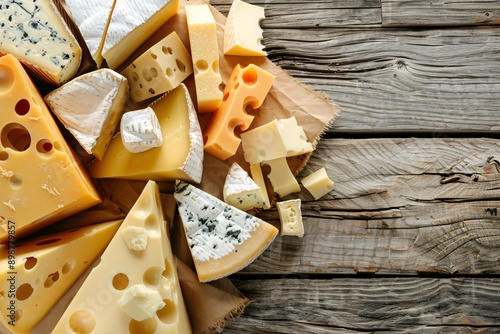 Assortment of cheese on wooden table, closeup. Dairy products. Cheese Selection. Large assortment of international cheese specialities.