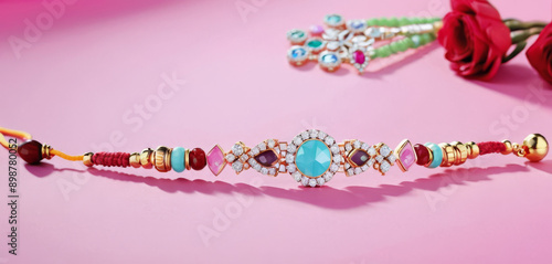 A Closeup of A beautiful Attractive Premium Rakhi Bracelet Heavily Decorated with shiny gems and stones, photo