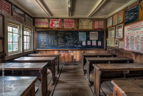 A traditional empty classroom with wooden desks, a blackboard, and educational charts and posters on the walls