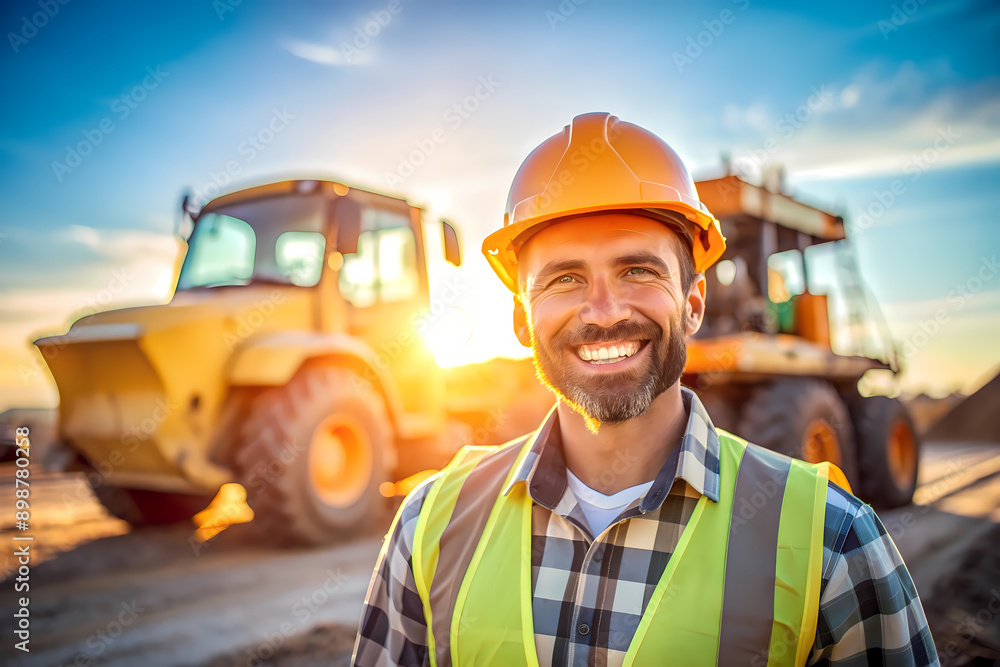Confident Construction Worker at Sunset Site Confident Construction Worker at Sunset Site