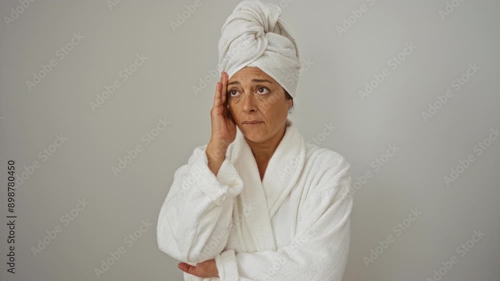 Woman wearing towel and bathrobe over her head, isolated on white background, middle-aged and stressed, worried about problem, crisis and anxiety Woman wearing towel and bathrobe over her head, isolated on white background, middle-aged and stressed, worried about problem, crisis and anxiety