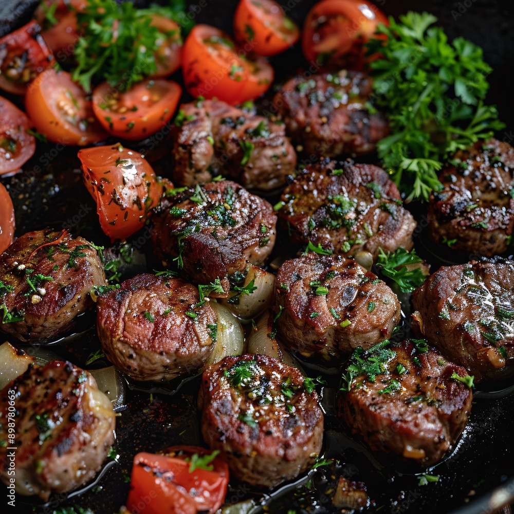 Sizzling grilling and BBQ scene, with marinated meats, vegetables, and barbecue accessories: setting. Sizzling grilling and BBQ scene, with marinated meats, vegetables, and barbecue accessories: setting.