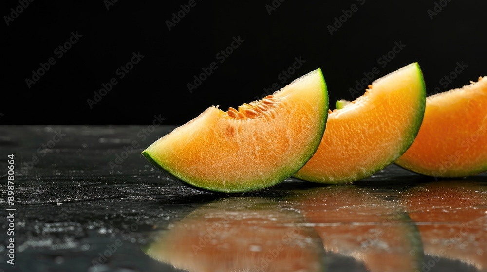 Melon slices on table with black background and copy space with unique lighting and focus Melon slices on table with black background and copy space with unique lighting and focus