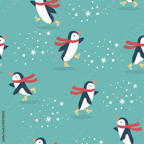 Seamless pattern with penguins on ice rink.