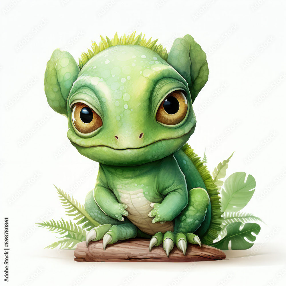 Fototapeta premium Watercolor Green color chameleon close up, clipart Illustration, Generative Ai