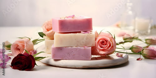 Natural handmade soap bars with roses oil, spa organic product concept 